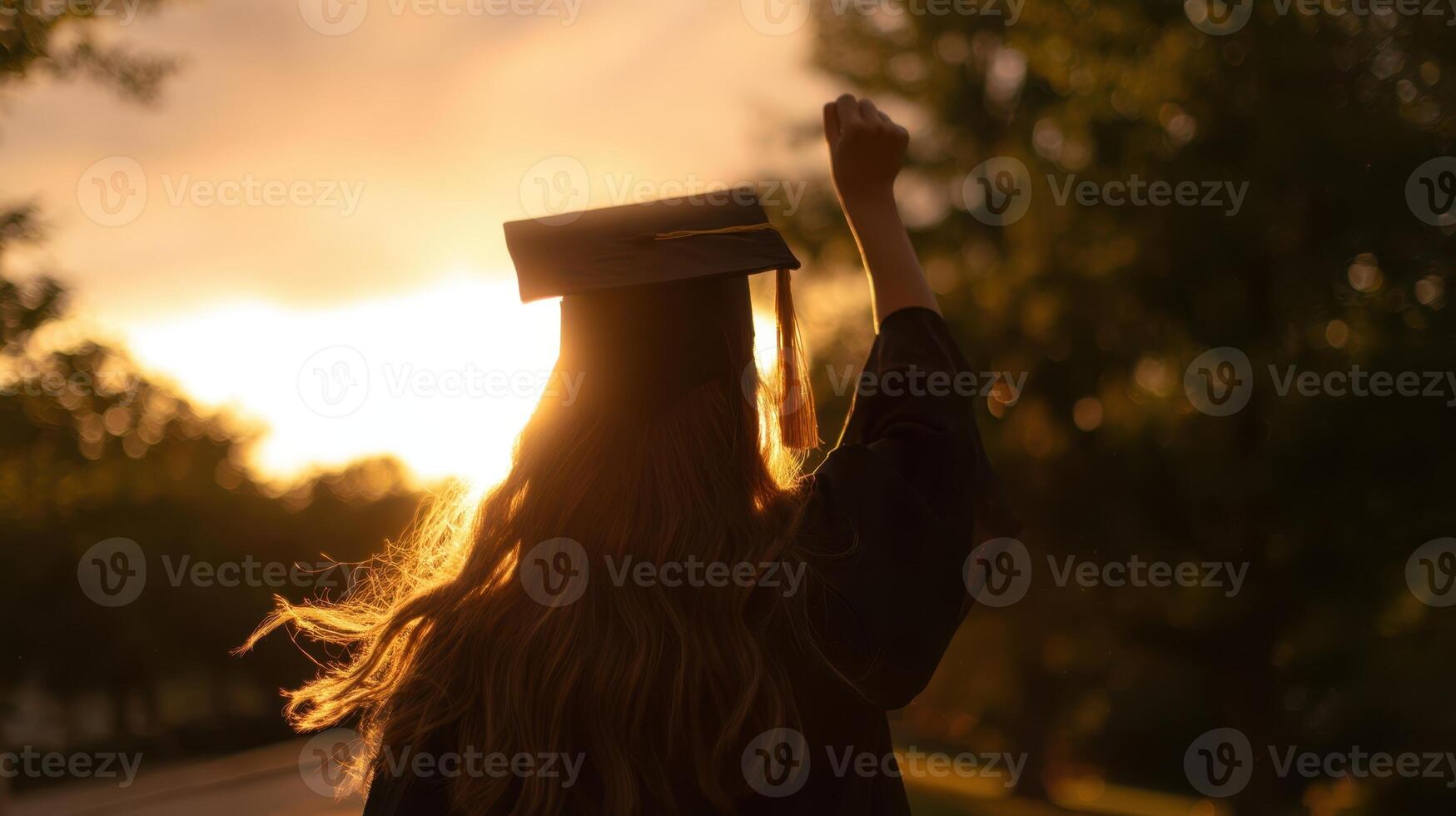 The graduate celebrating success under a vibrant sunset sky. photo
