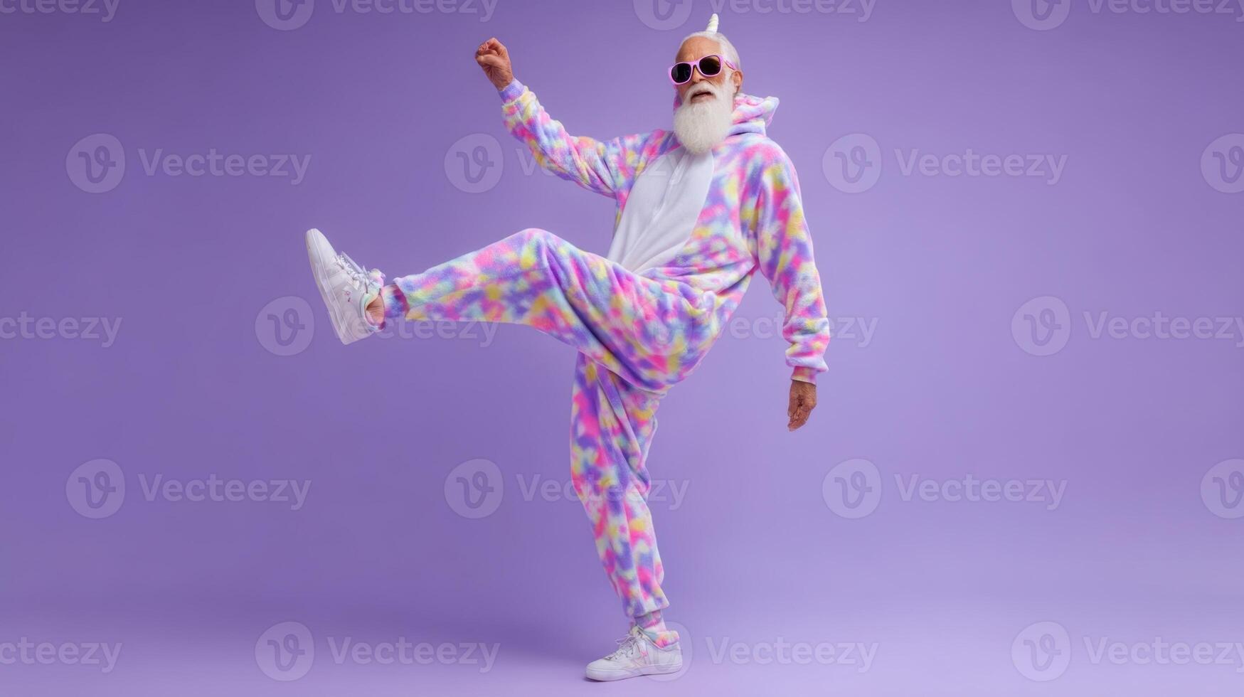 The elderly man in a vibrant, colorful unicorn onesie dancing playfully. photo