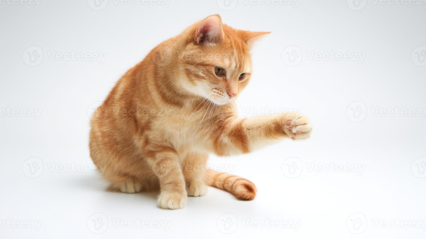 The adorable orange cat reaching out with its paw in playful curiosity. photo
