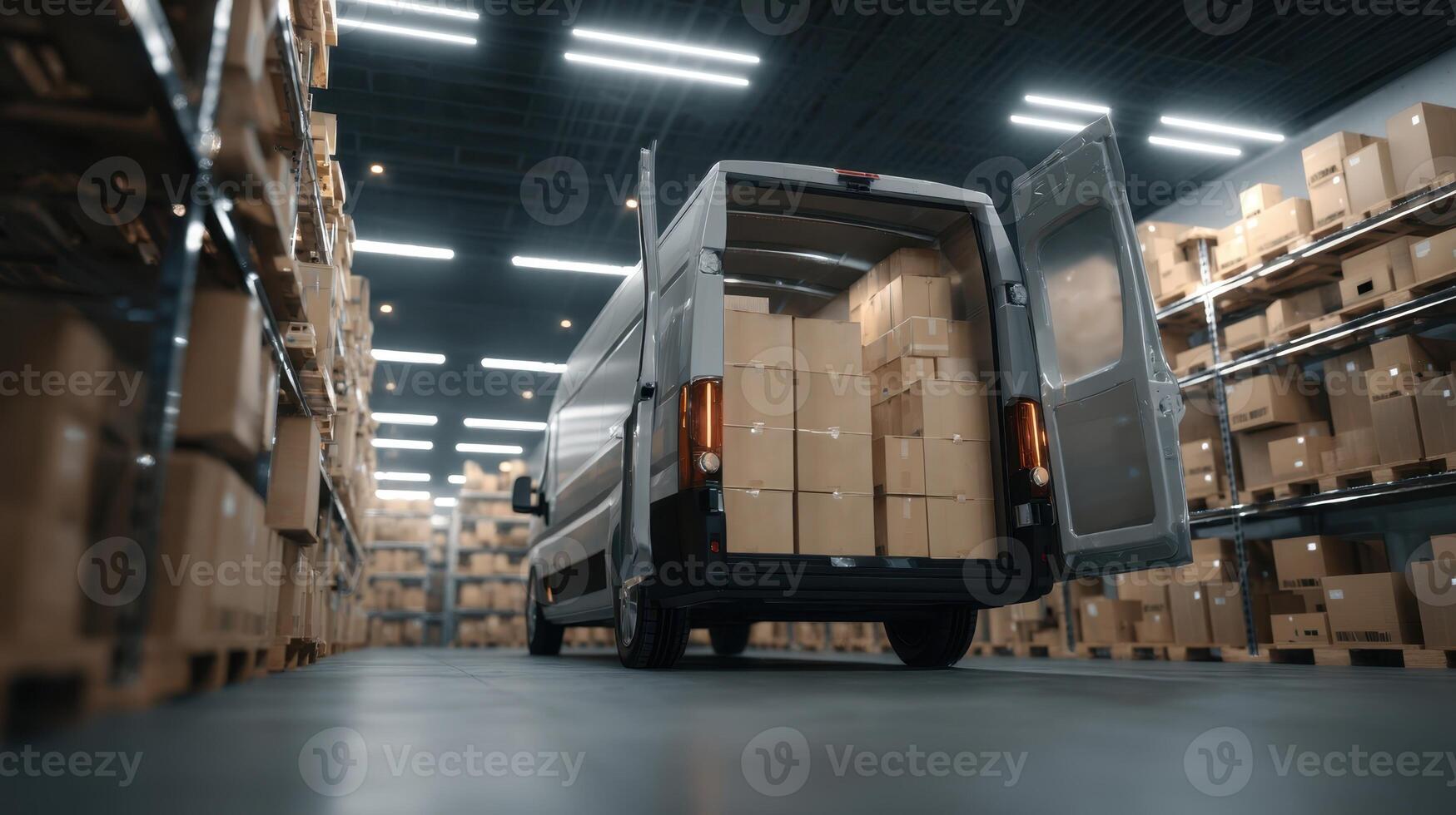 The Van Loaded with Boxes in a Modern Warehouse Environment photo