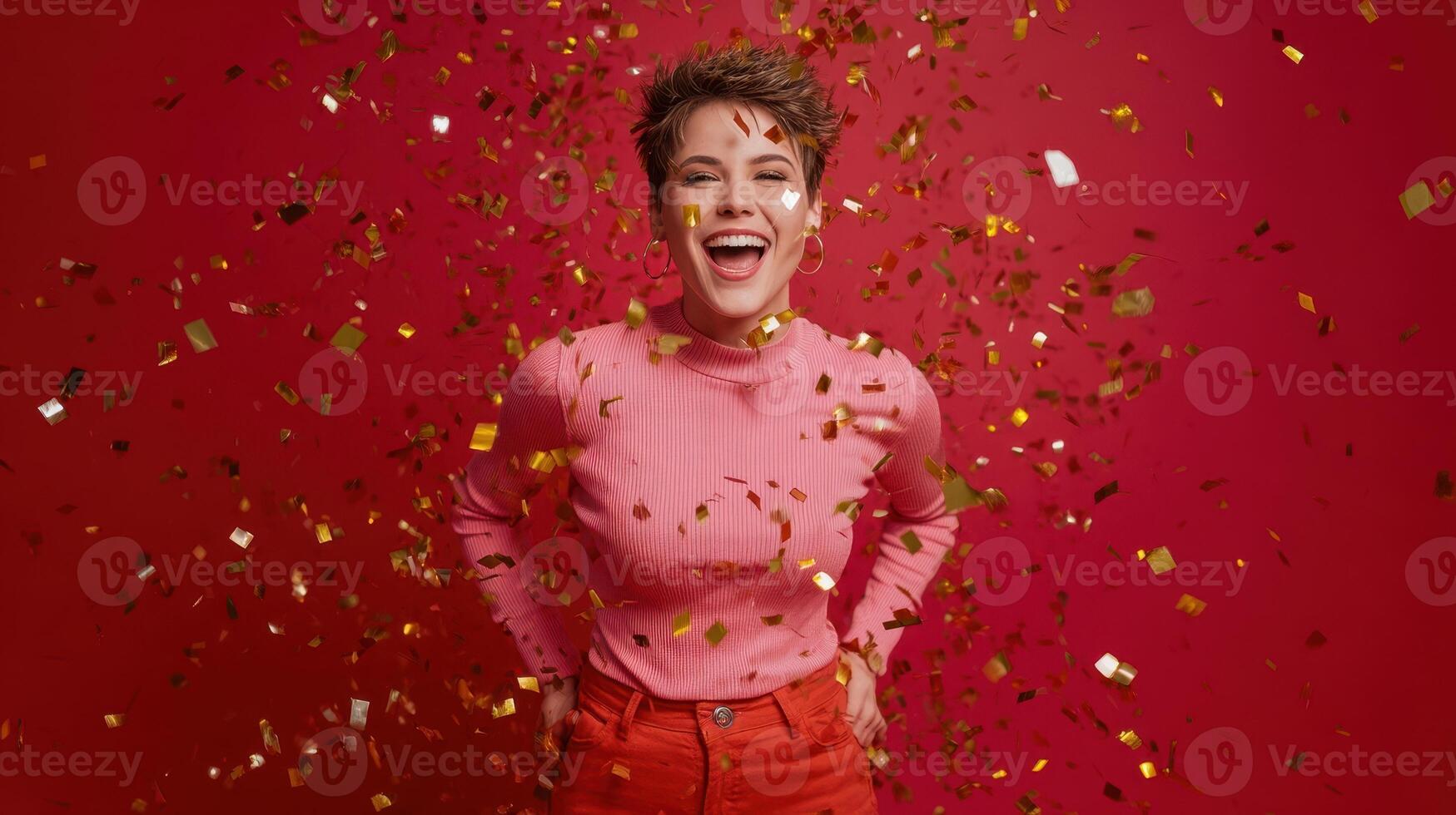A woman is smiling while surrounded by confetti photo