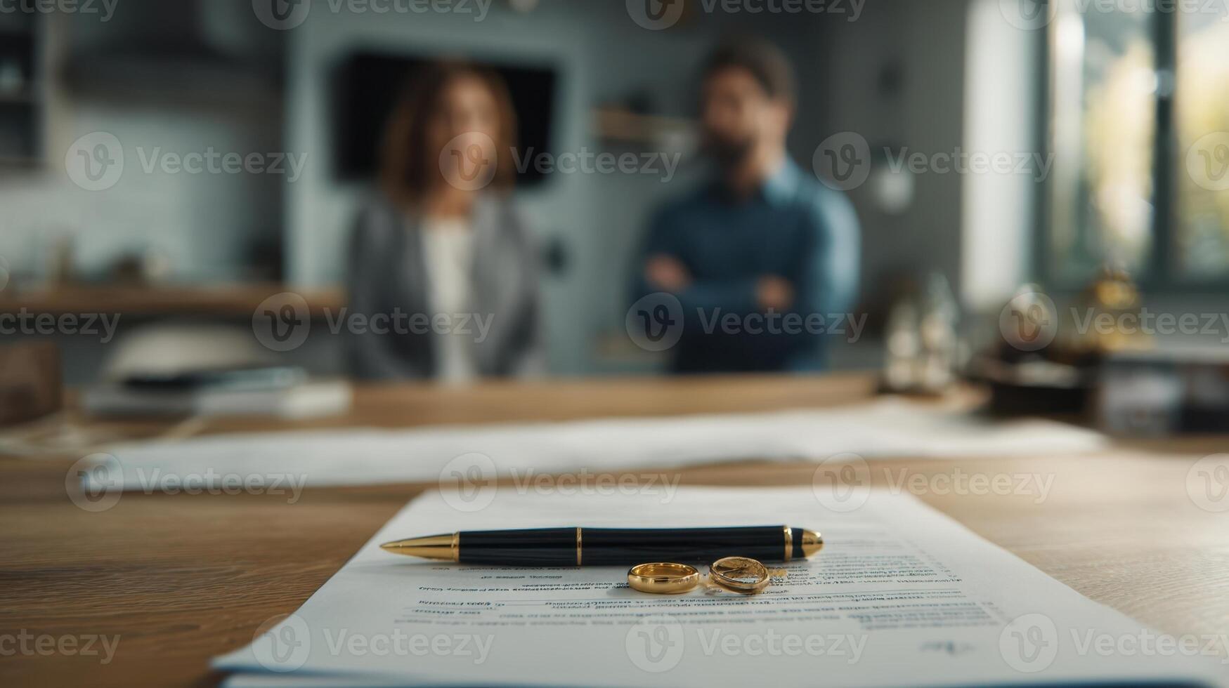 The signed divorce papers with wedding rings and a pen on a wooden desk. photo