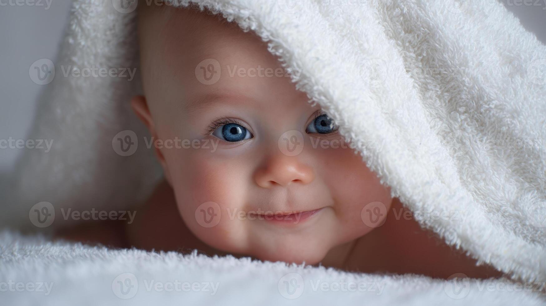 The adorable baby smiling under a soft white towel with bright blue eyes. photo