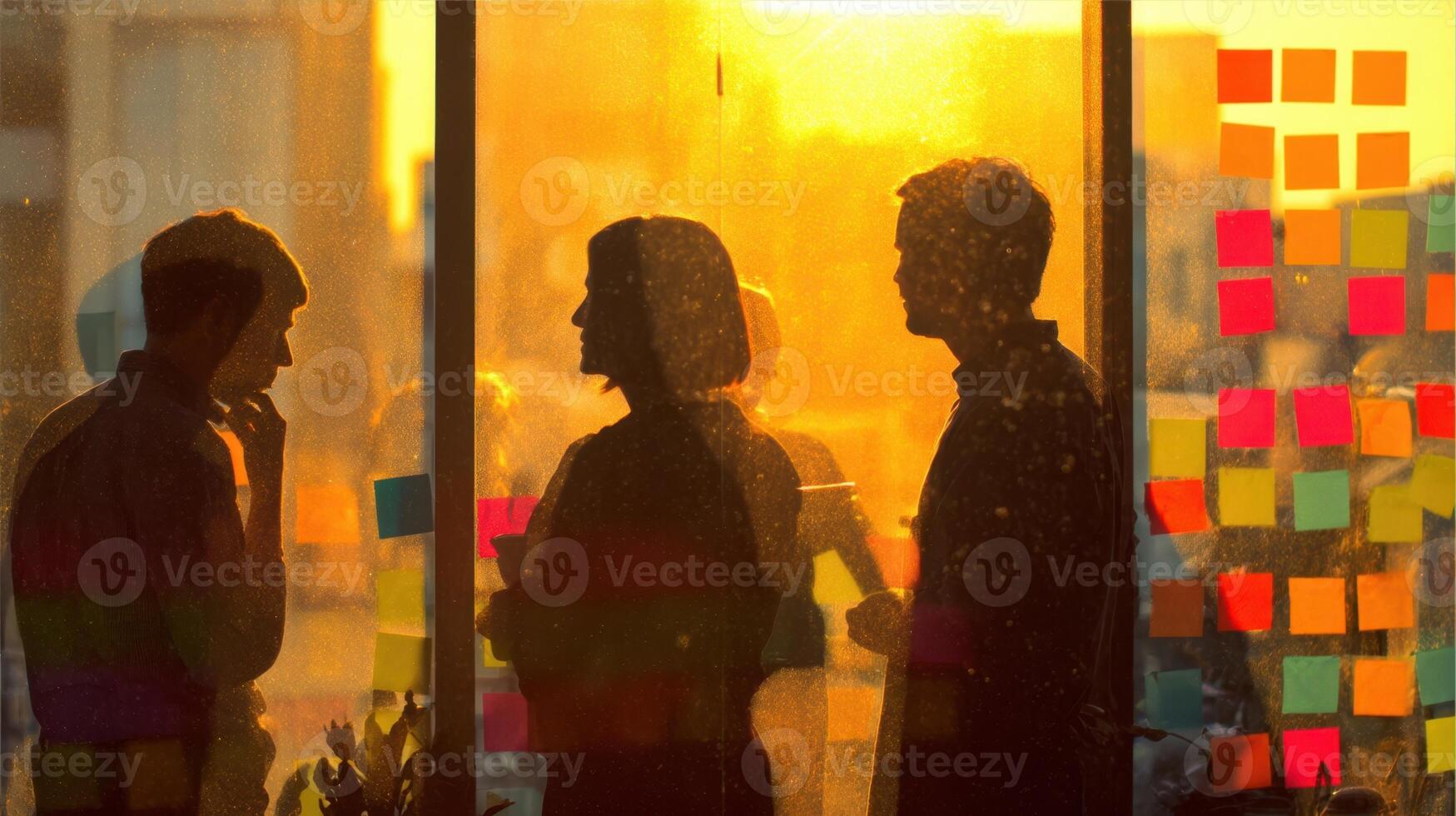 The silhouettes of colleagues engaged in conversation during a warm sunset. photo