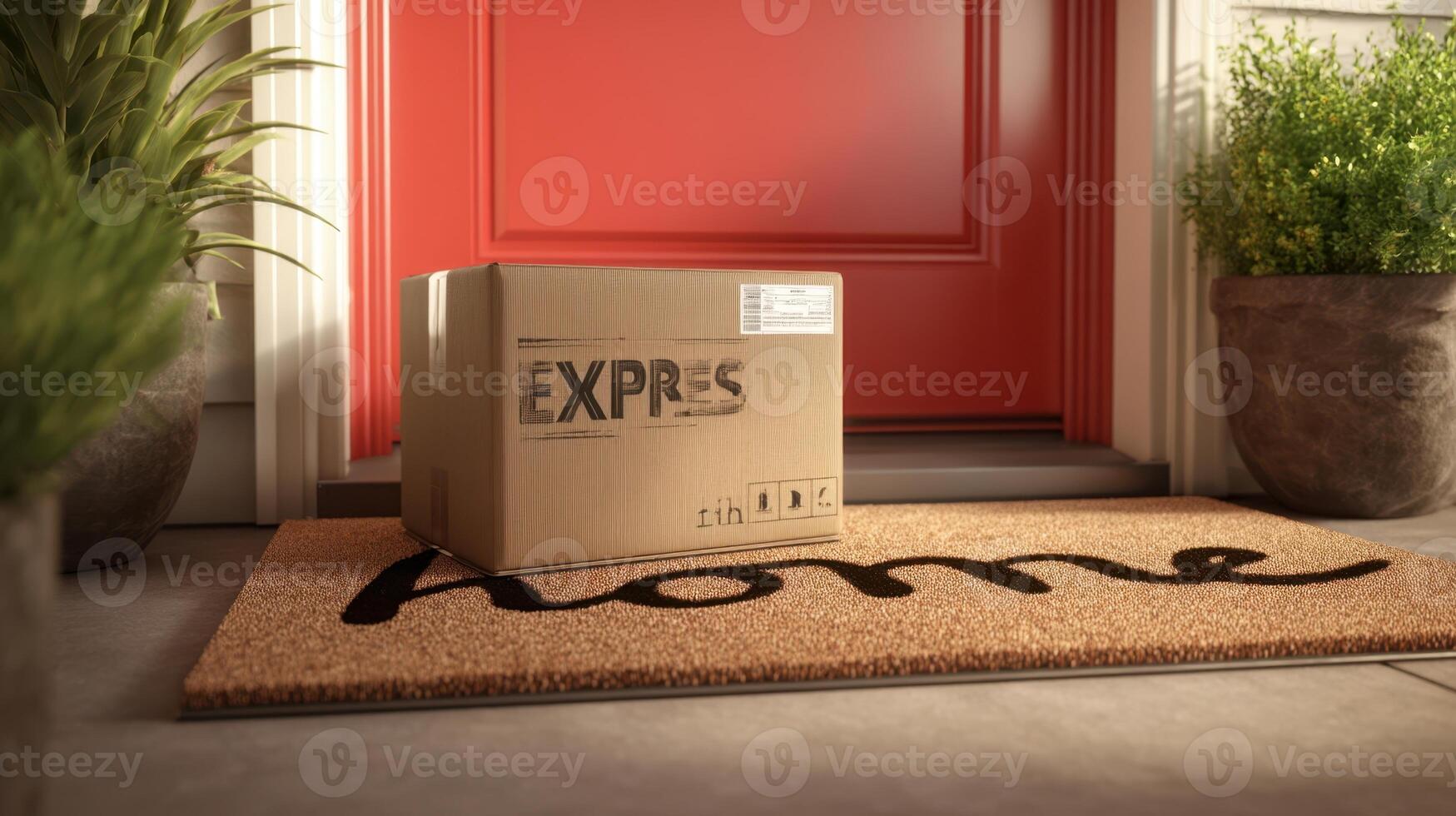 The package resting on a welcome mat outside a cheerful home door. photo