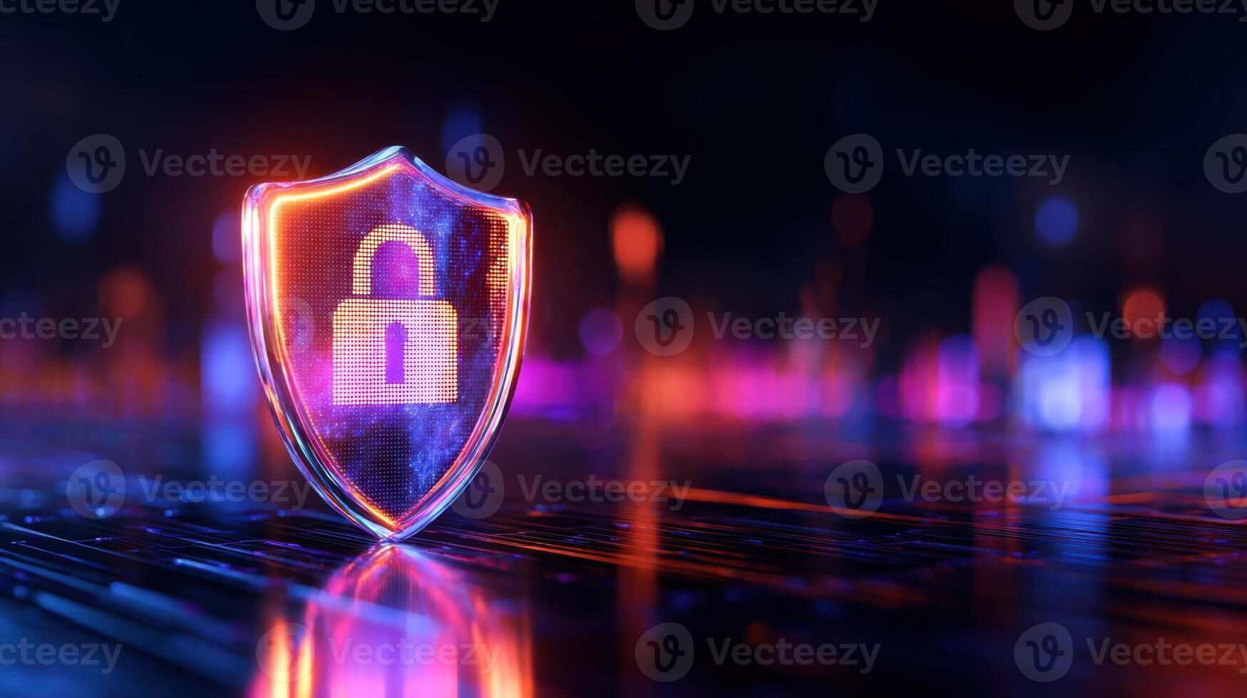 The glowing shield with a padlock representing digital security and protection photo