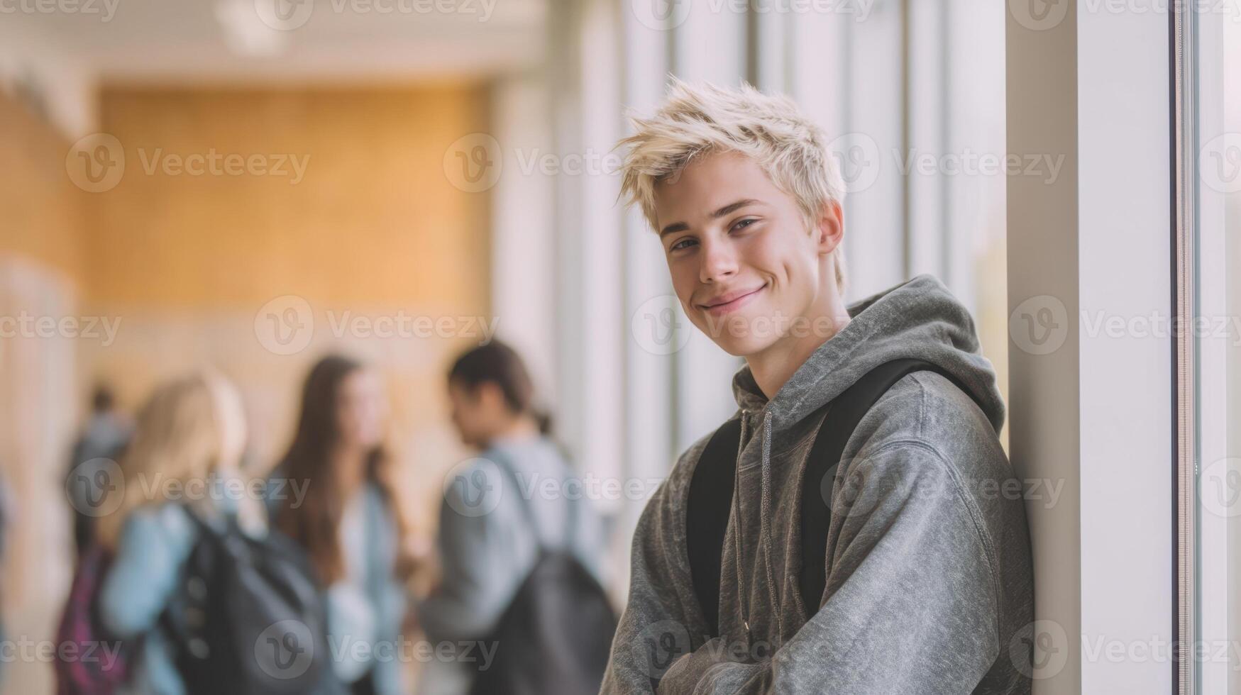 The cheerful teenager leaning against a wall in a bustling school hallway. photo