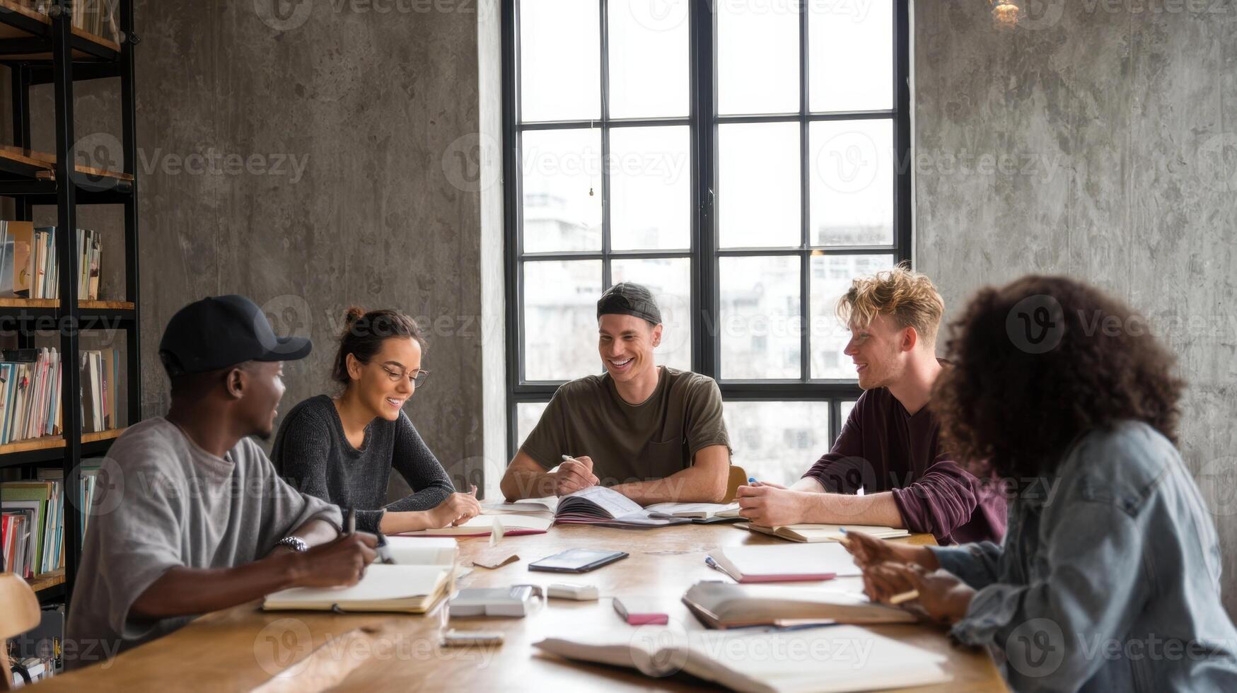 The diverse group of students collaborating on a project in a modern workspace. photo