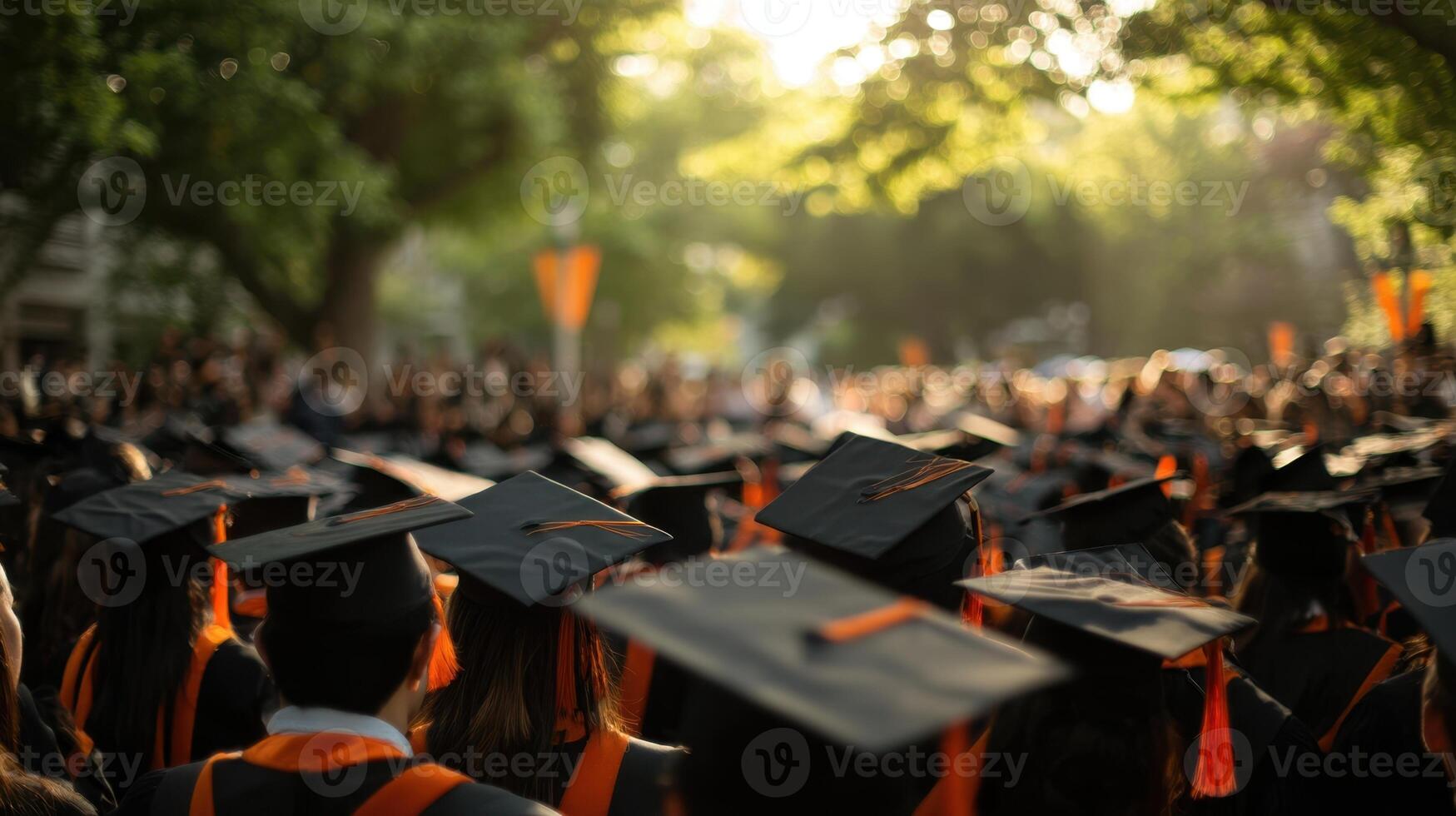 The graduates celebrating their achievement under a beautiful sunset. photo