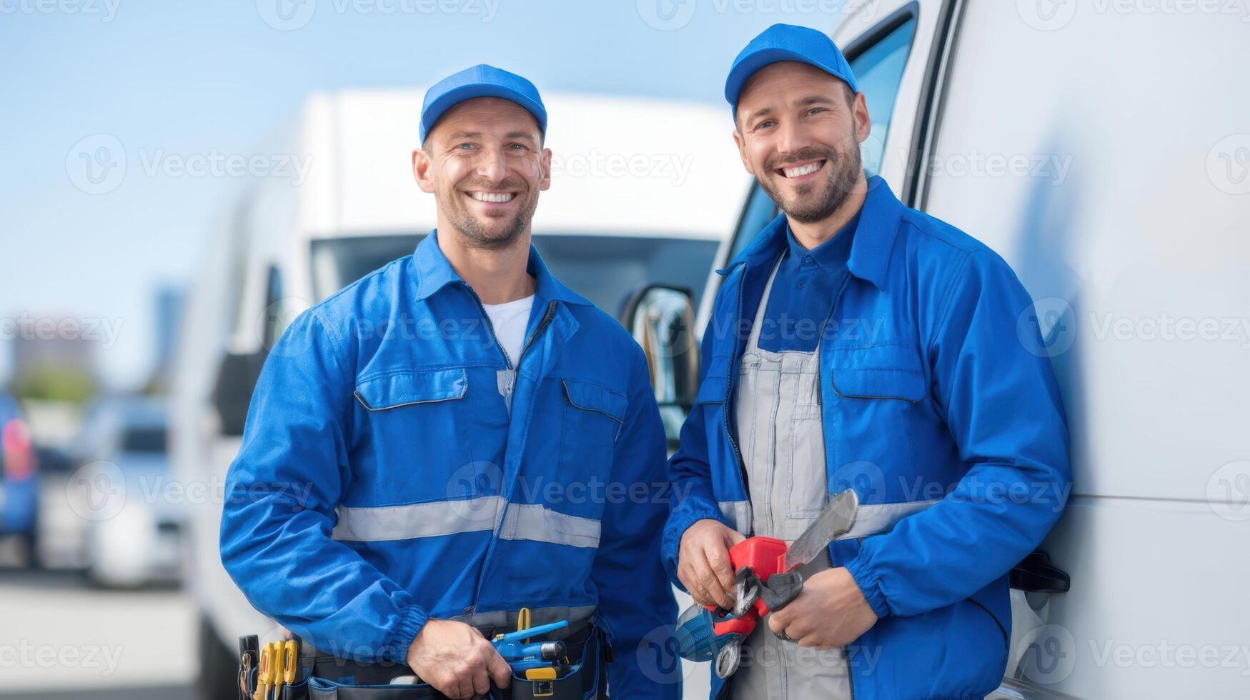 The two smiling workers posing confidently with tools by their service vehicle. photo
