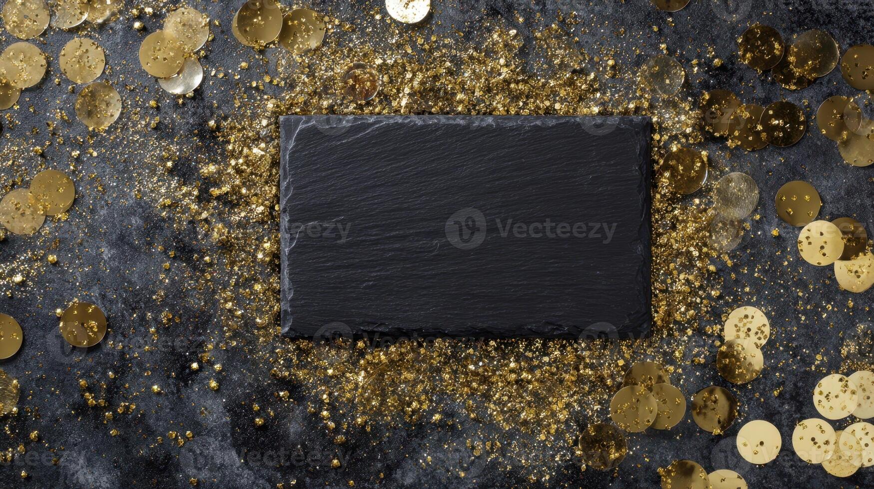 The elegant black slate surrounded by shimmering gold decorations and confetti photo