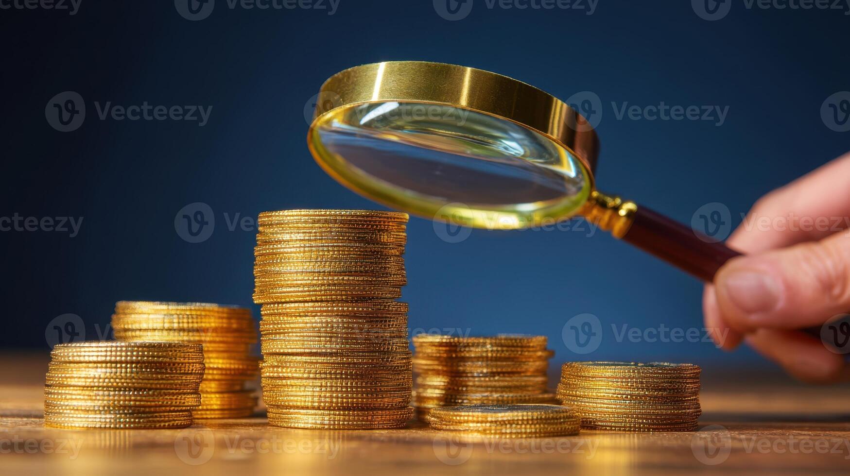 The magnifying glass examining golden coins on a wooden table photo