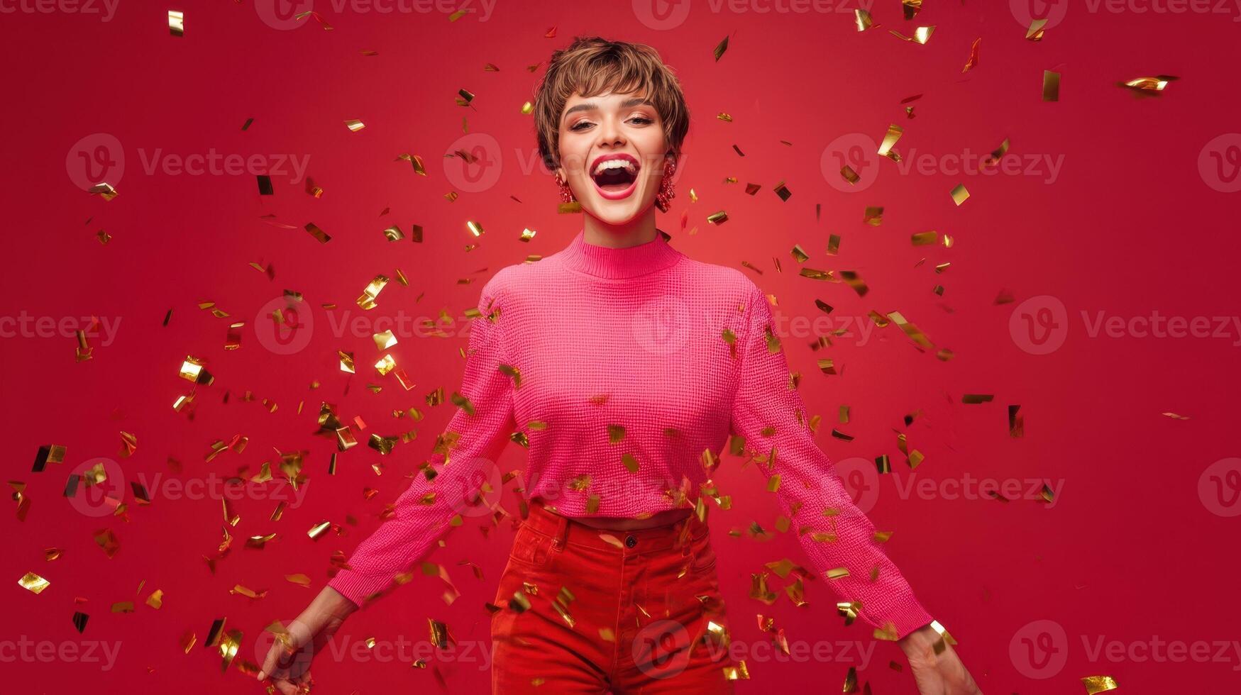 The joyful woman celebrating with confetti against a vibrant red background. photo