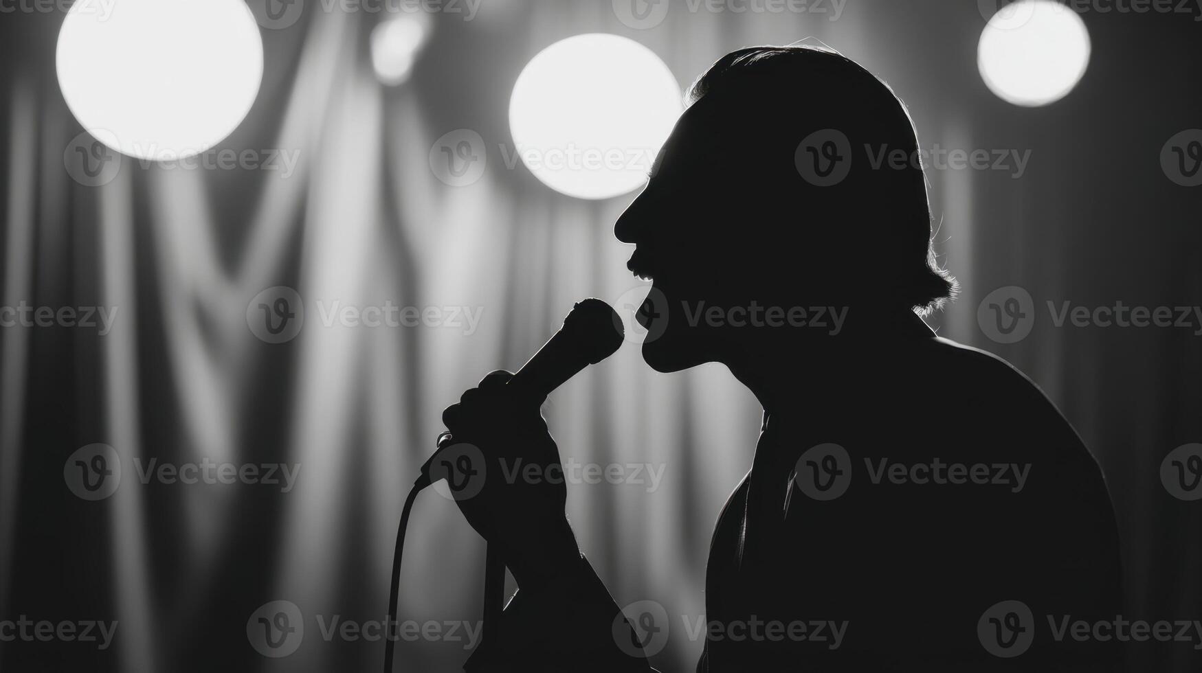 The silhouette of a passionate vocalist performing on stage under dramatic lighting. photo