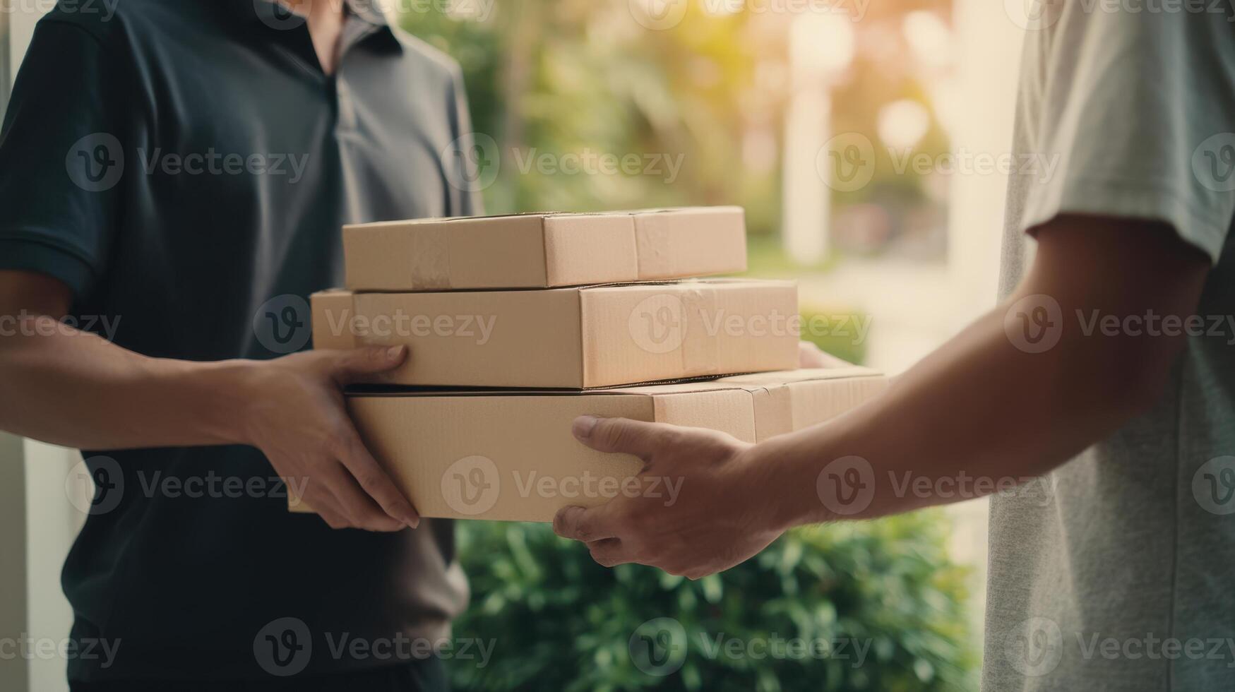 The Delivery Person Handing Over Multiple Packages at a Doorstep photo