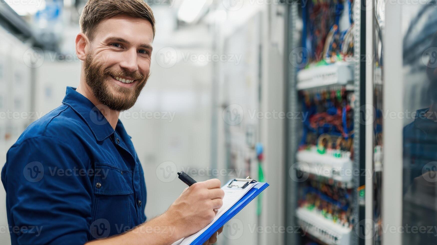 The technician reviewing electrical systems while smiling in a modern work environment. photo