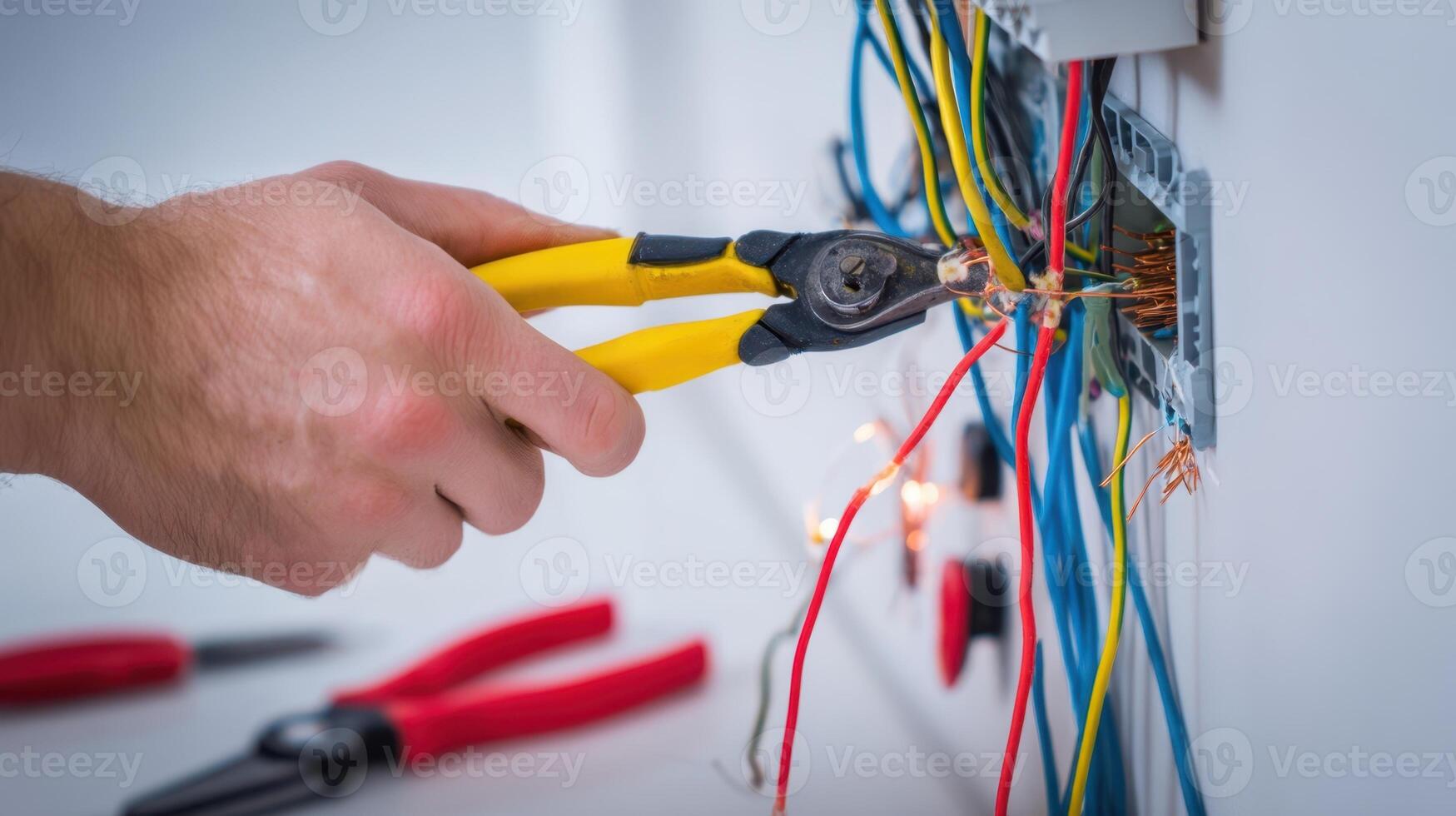 The Electrician Using Pliers to Connect Wires in a Modern Electrical Panel photo