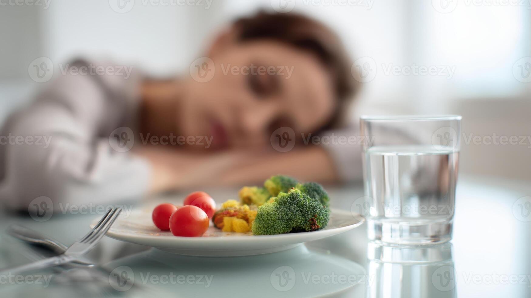 The woman resting beside a plate of broccoli and tomatoes on a table. photo