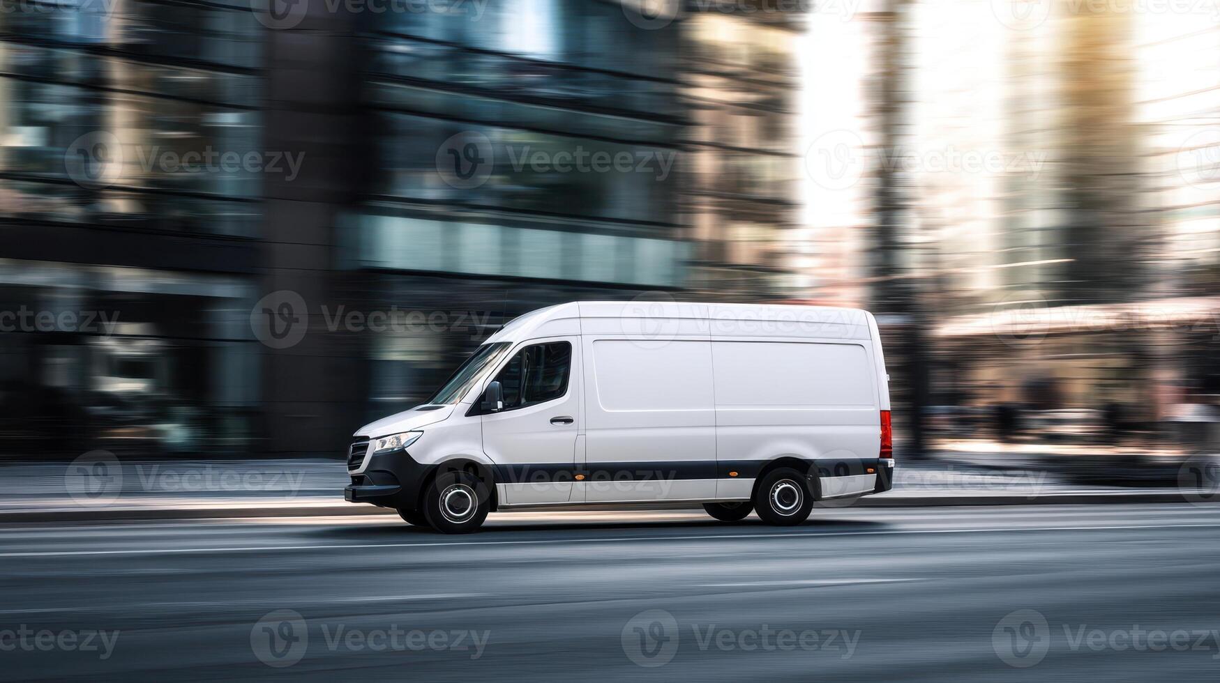 A white van is driving down a city street photo