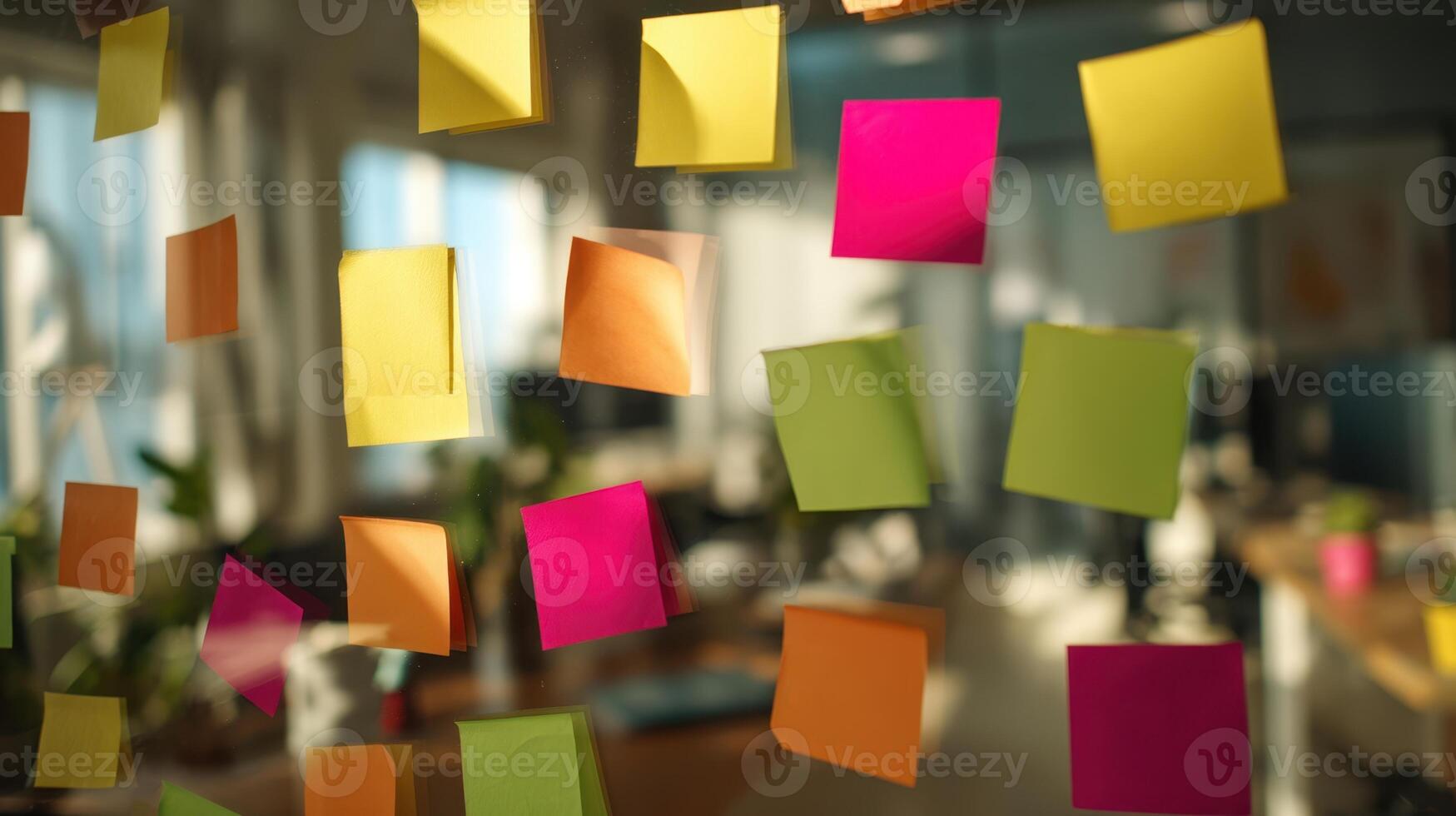 The vibrant display of sticky notes in a modern office environment. photo