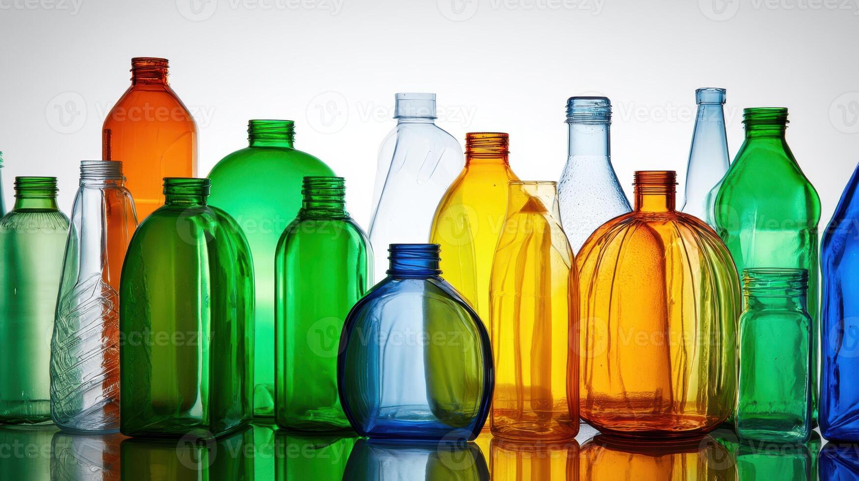 The vibrant array of colorful plastic bottles on a reflective surface photo