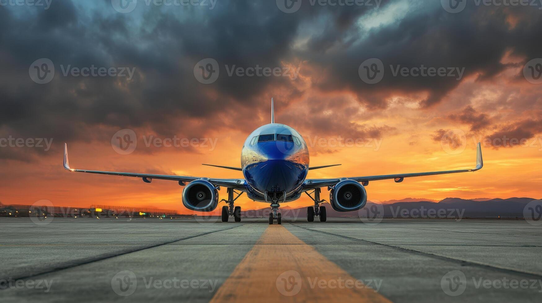 The airplane facing the sunset at an airport runway during twilight. photo