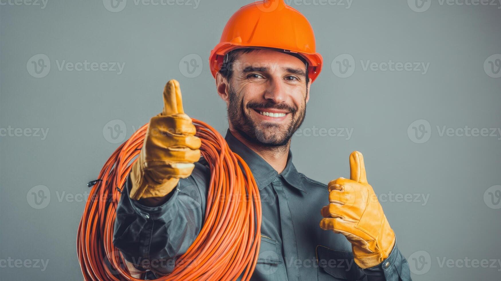 The smiling electrician giving a thumbs-up with electrical cables and safety gear. photo