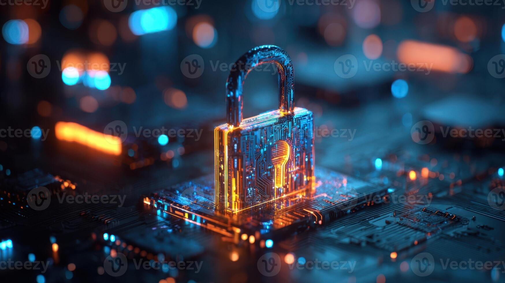 The Secure Digital Lock Embedded in a Vibrant Technology Landscape photo