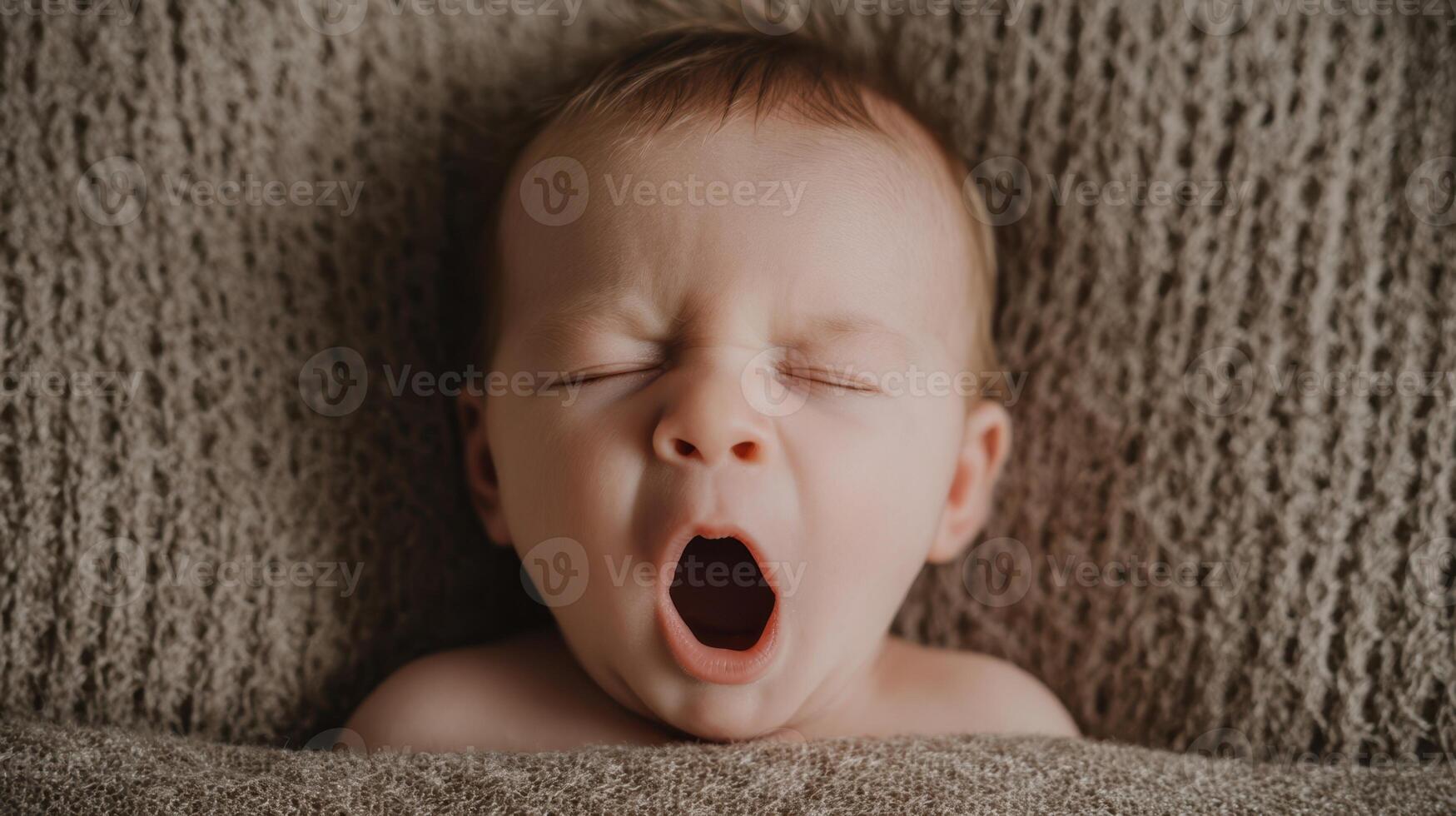 The adorable baby yawning peacefully in a cozy blanket setting. photo