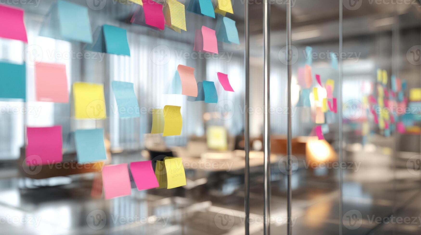 The vibrant display of colorful sticky notes in a modern office environment. photo