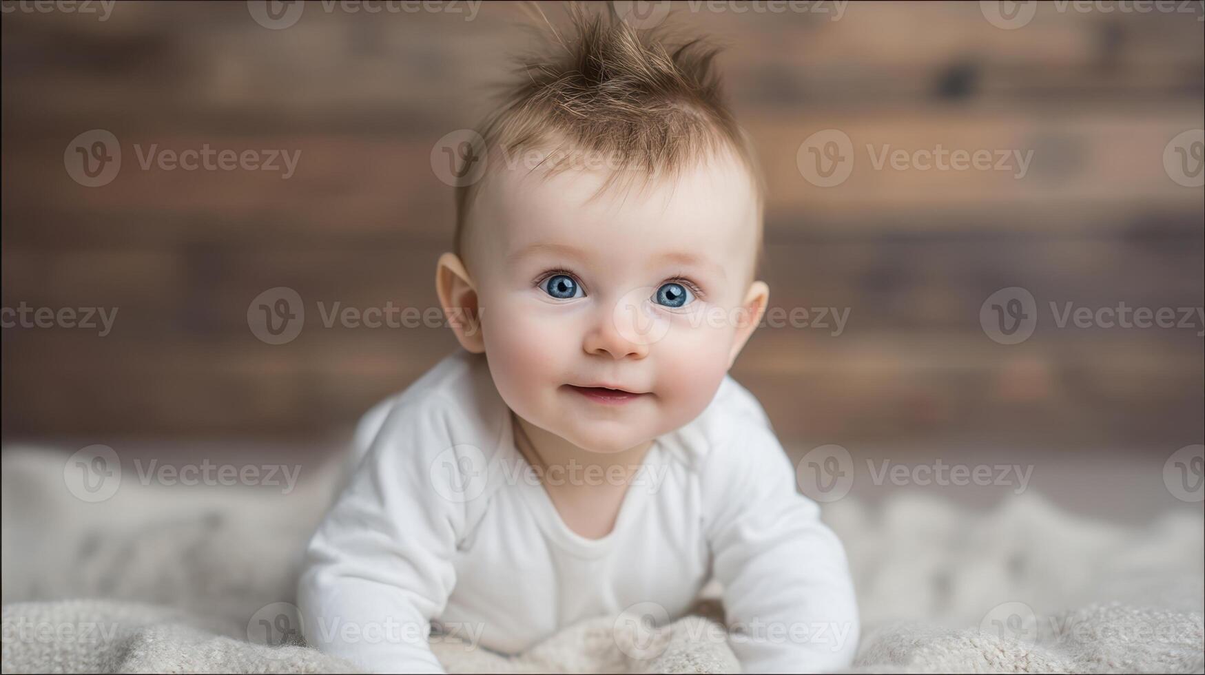 The adorable baby smiling warmly on a cozy blanket in a serene setting. photo