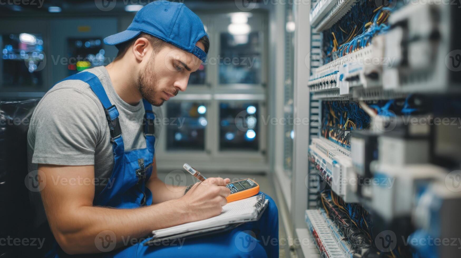 The technician conducting measurements and recording data in an electronic control room. photo