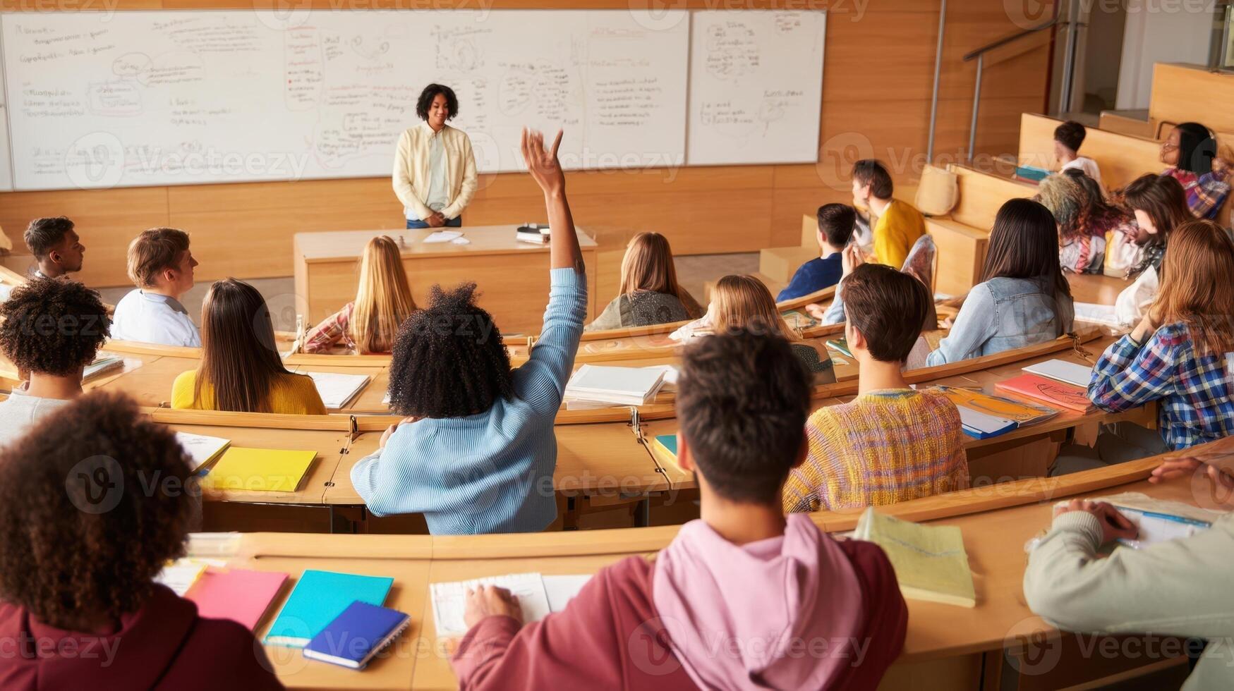 The engaged student raises a hand in a dynamic classroom environment photo