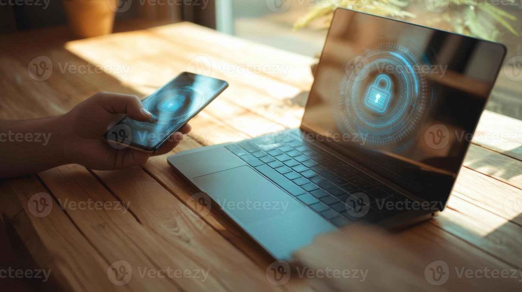 The smartphone and laptop showcasing digital security and connectivity in a modern workspace. photo