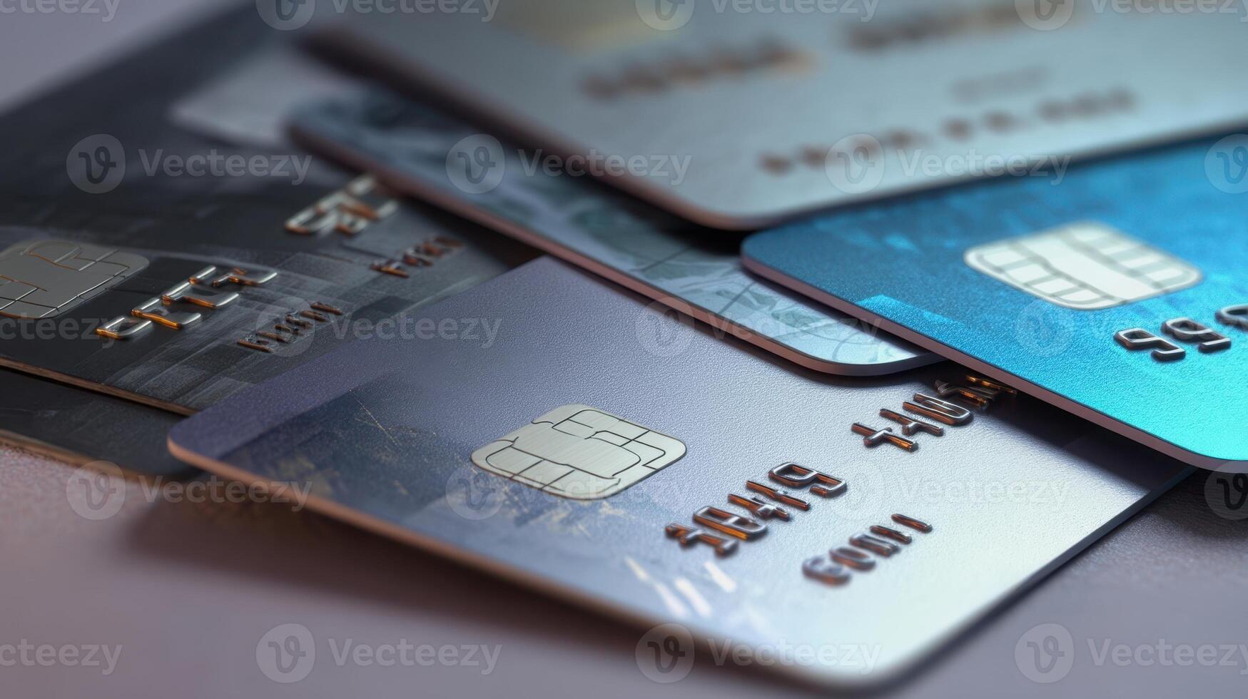 The collection of credit cards arranged creatively on a surface. photo
