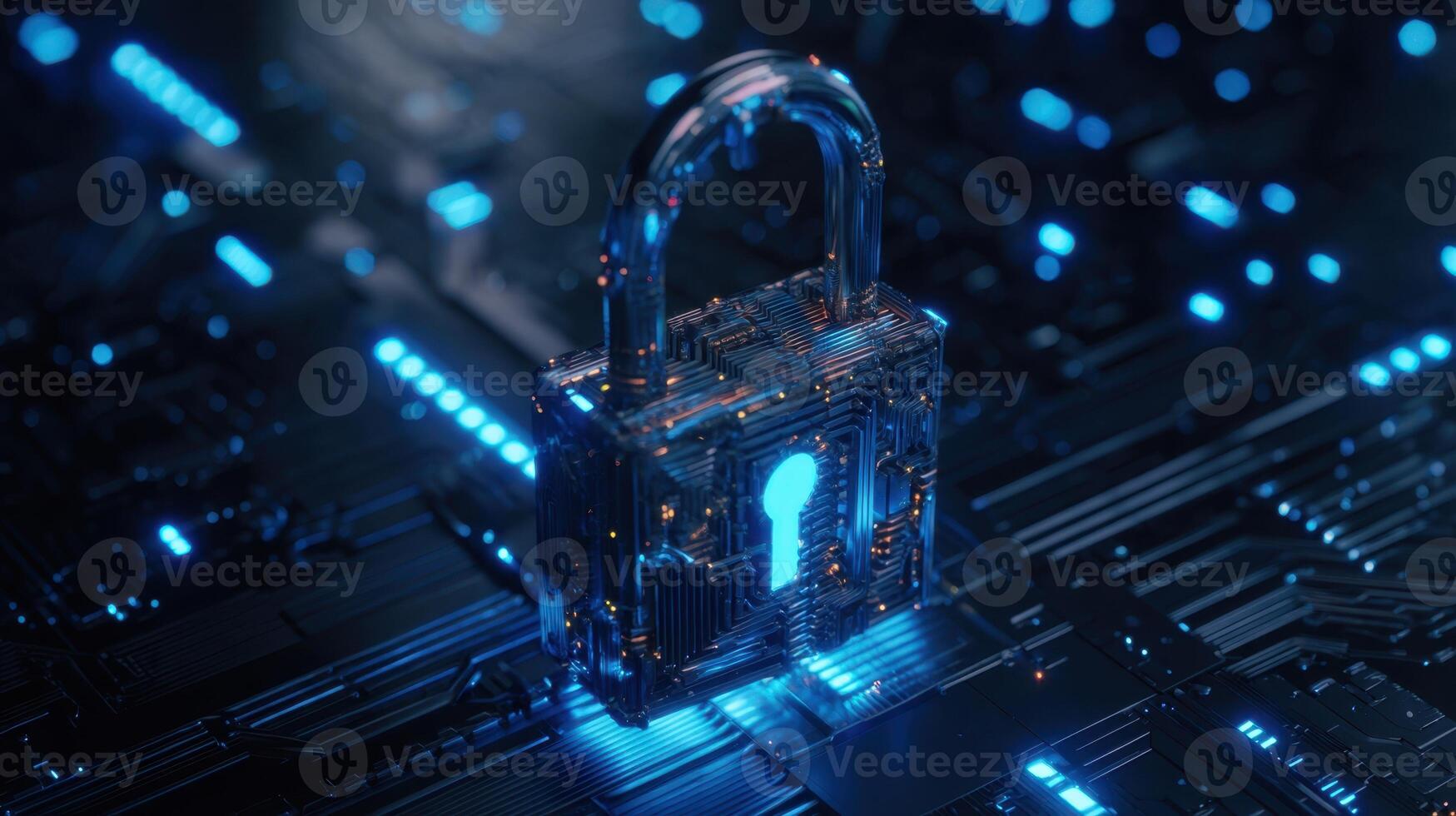 The glowing digital lock symbolizing cybersecurity in a tech-driven world. photo