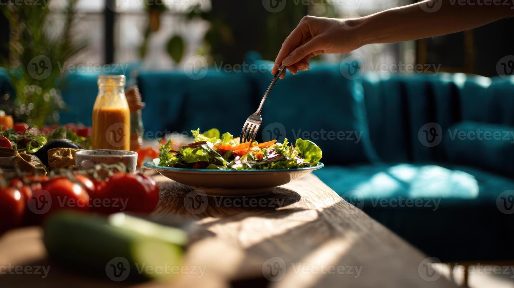 The fresh salad being served on a wooden table with vibrant surroundings. photo