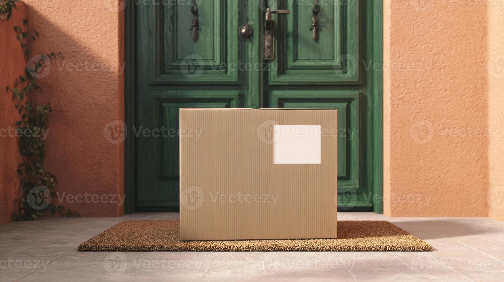 The cardboard package resting on a doormat in front of a green door. photo