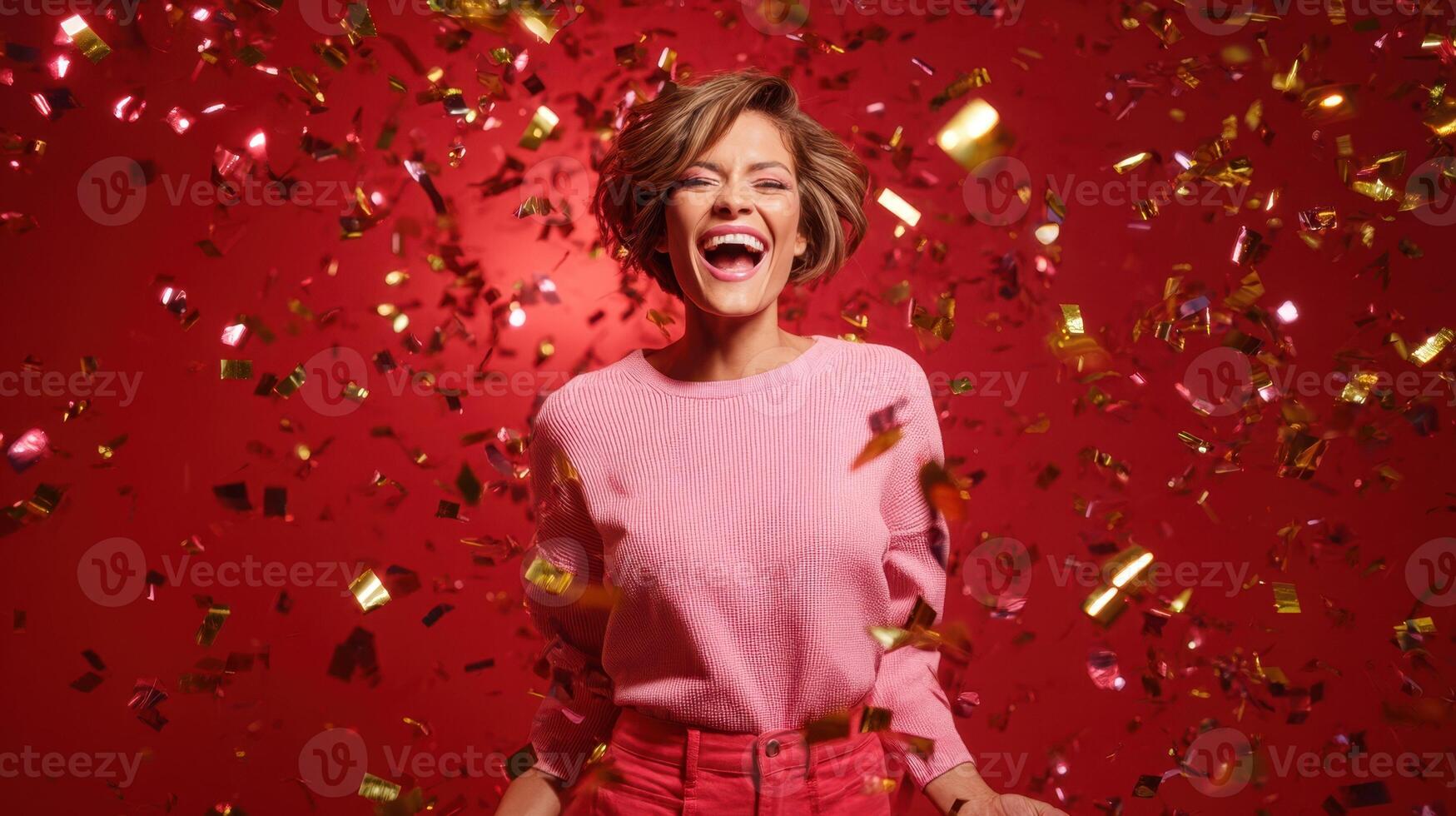 The joyful woman celebrating with confetti in a vibrant red background. photo