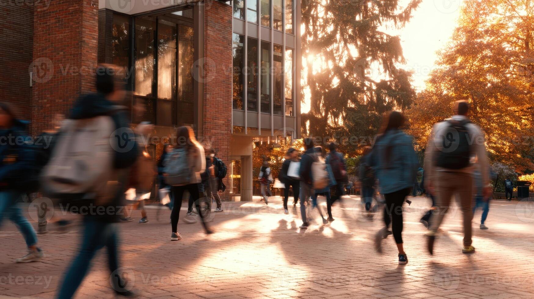 The bustling campus filled with students during a vibrant autumn afternoon. photo