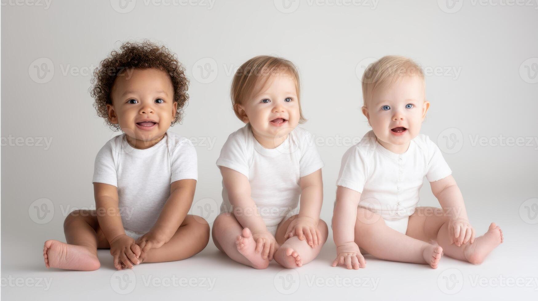 The joyful moment of three adorable babies sitting together in a studio setting. photo