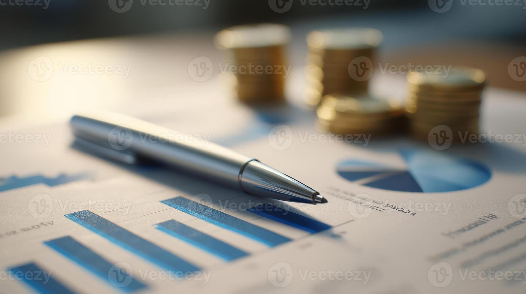 The financial report featuring graphs, a pen, and coins on a table. photo