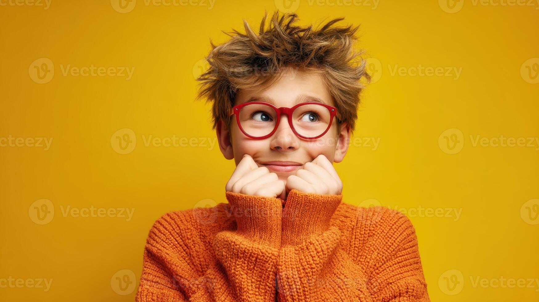 The cheerful child with expressive eyes and playful hairstyle in a vibrant setting. photo