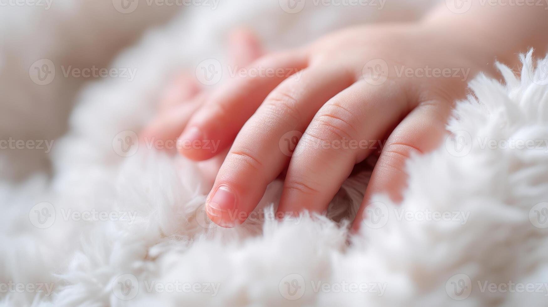 The Delicate Touch of a Baby Hand on Fluffy Texture. photo