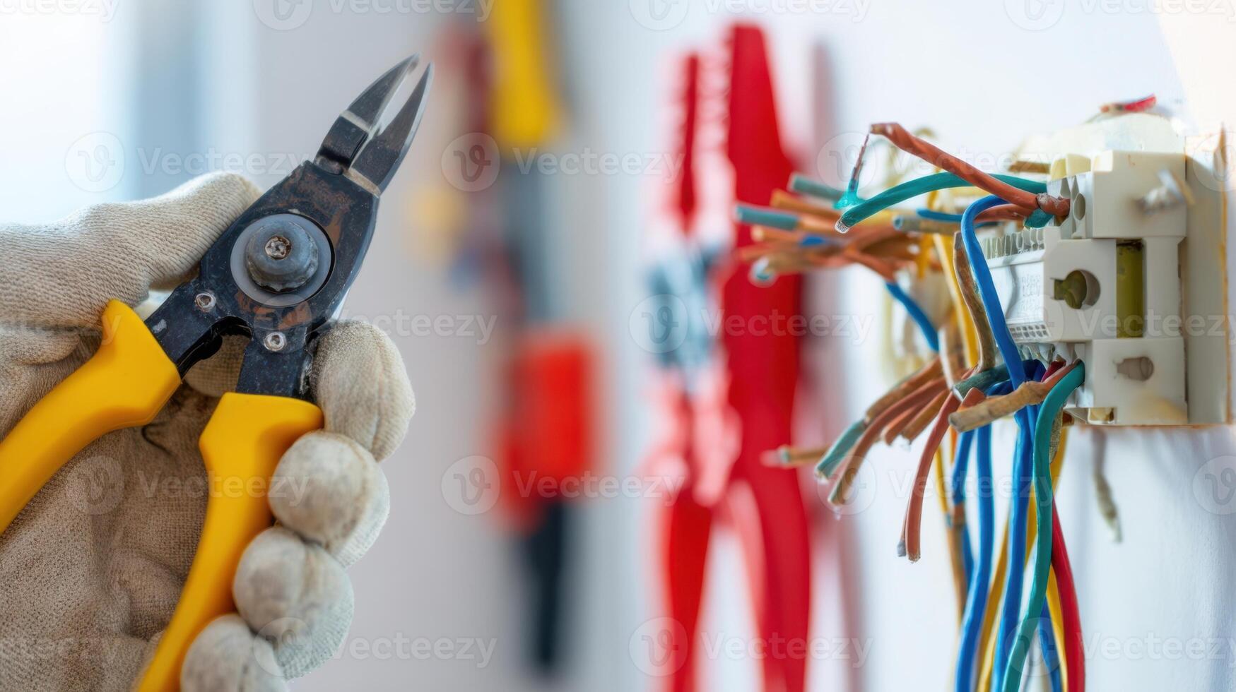 The electrician using pliers to work on electrical wiring at home. photo