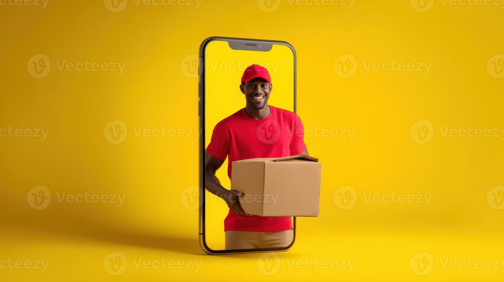 The delivery man emerges from a smartphone with a box in hand. photo