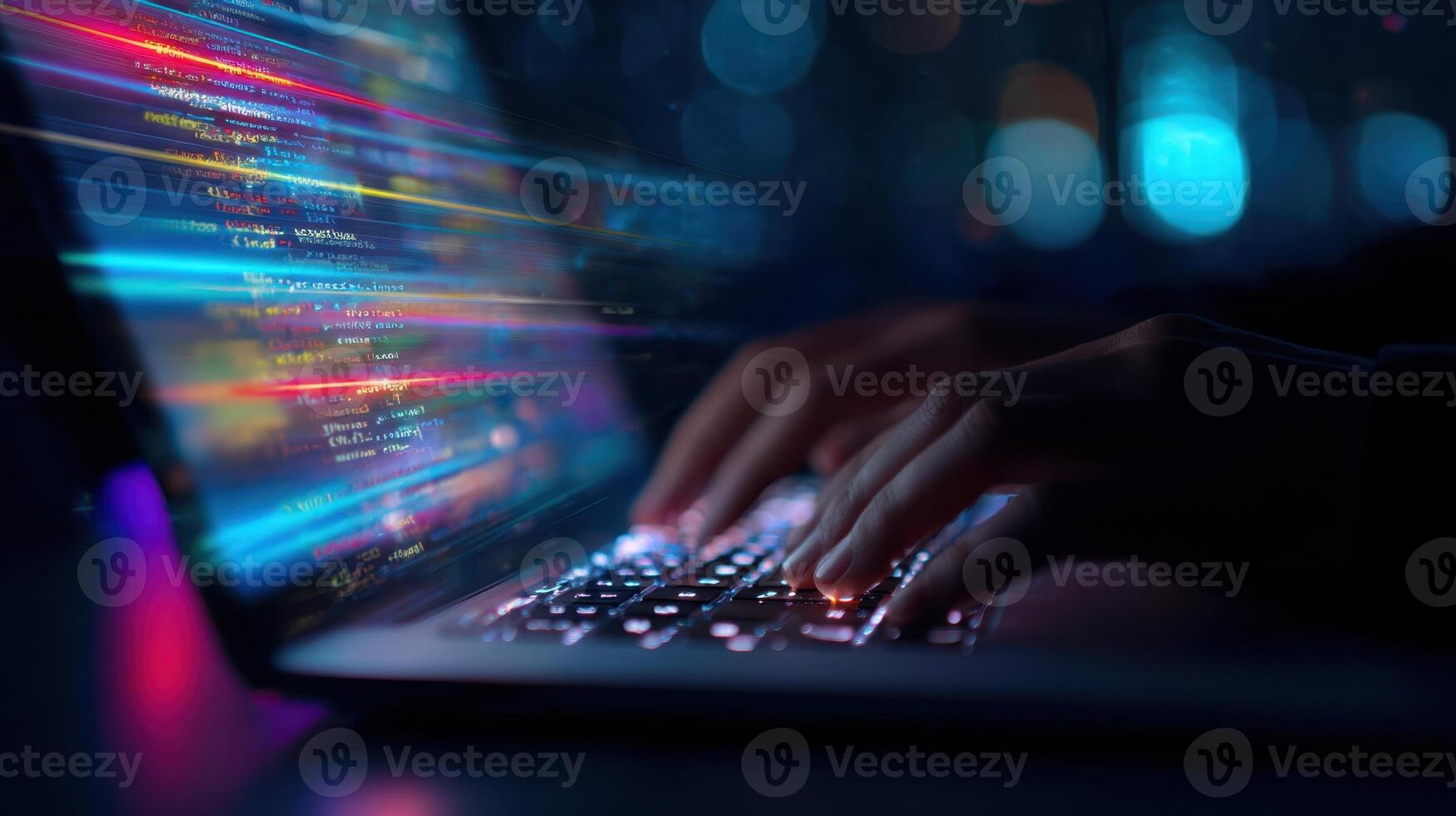 The dynamic coding experience on a laptop with vibrant lights and motion. photo
