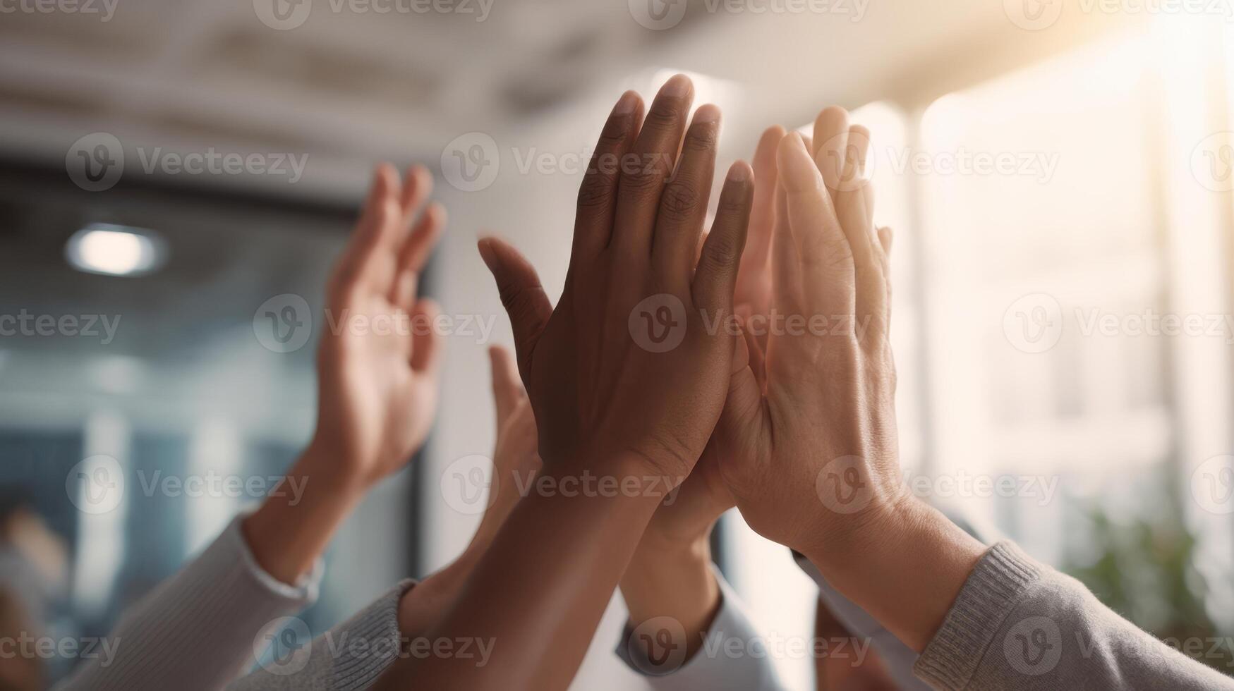 The hands of diverse colleagues celebrating collaboration and success in the workplace. photo