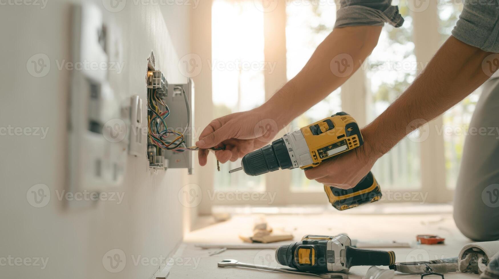 The technician installing electrical wiring with a cordless drill in a modern home. photo