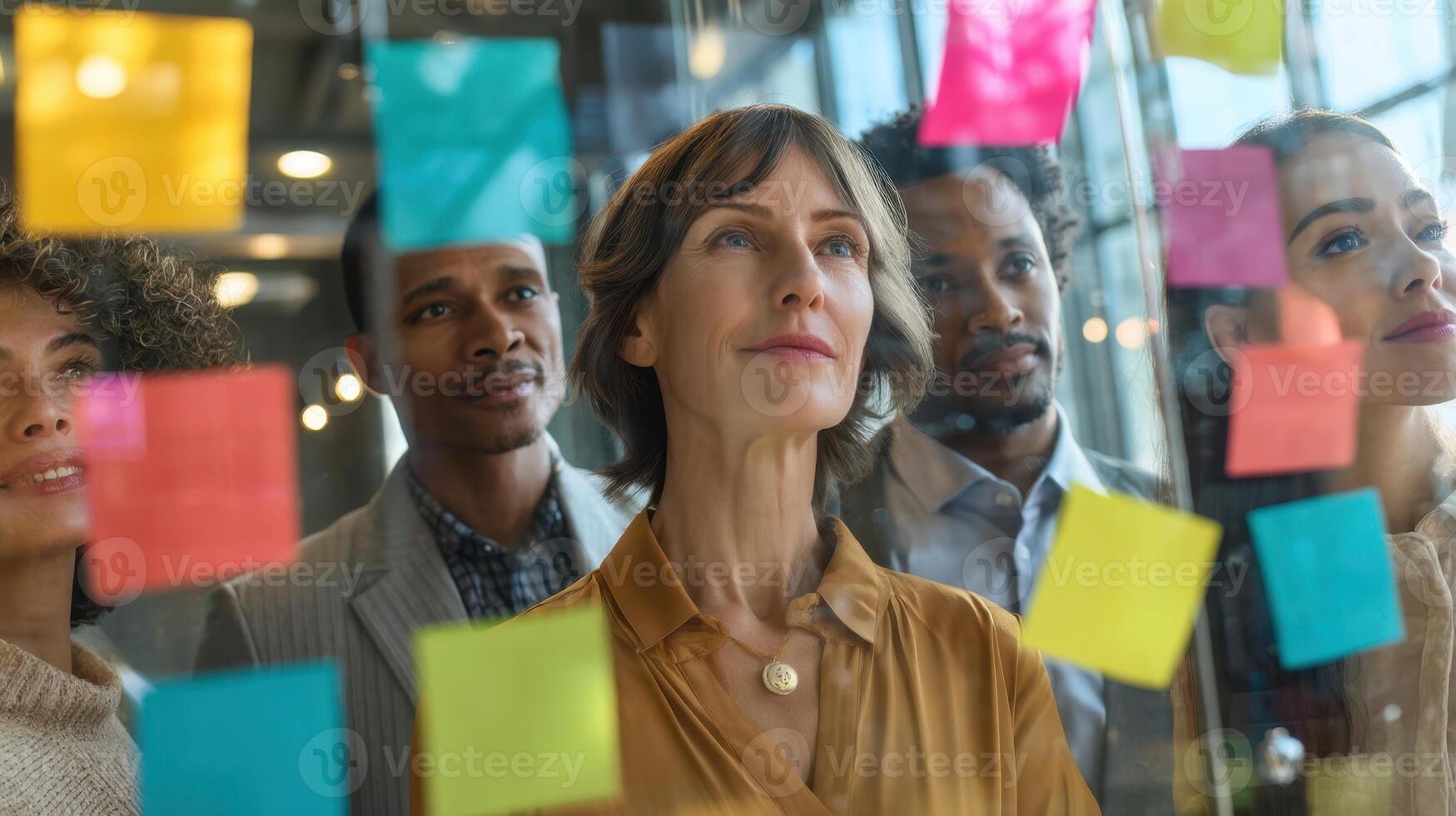 The diverse team brainstorming ideas with colorful sticky notes in an office setting. photo